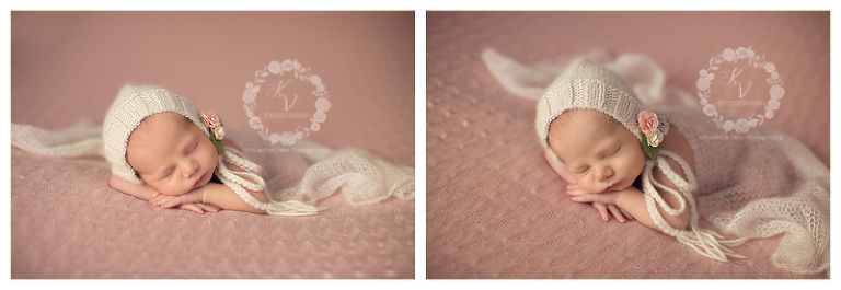 newborn baby girl with bonnet and soft wrap