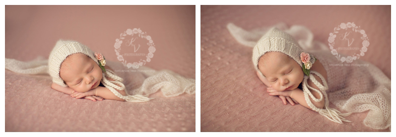 newborn baby girl with bonnet and soft wrap