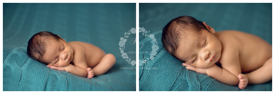 newborn baby boy on teal cable throw
