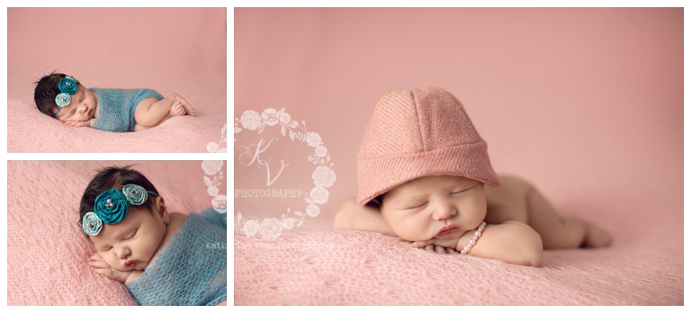 newborn baby girl on pink, pink teal color combo