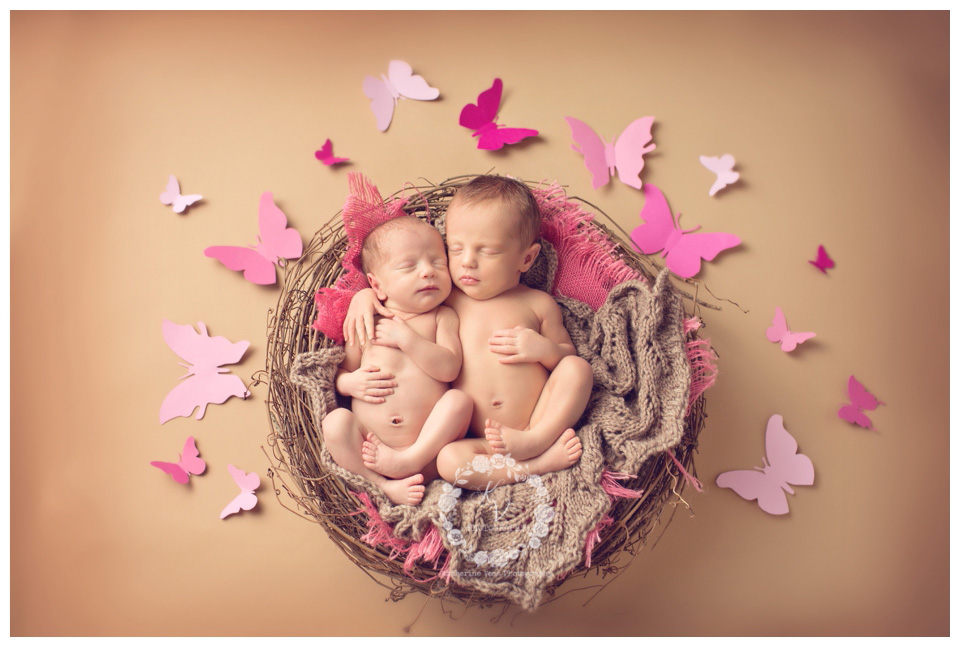 newborn twin girls with butterflies