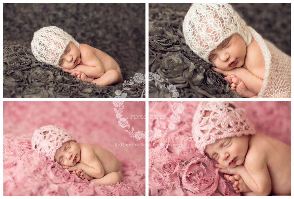 newborn twin girls on gray and pink