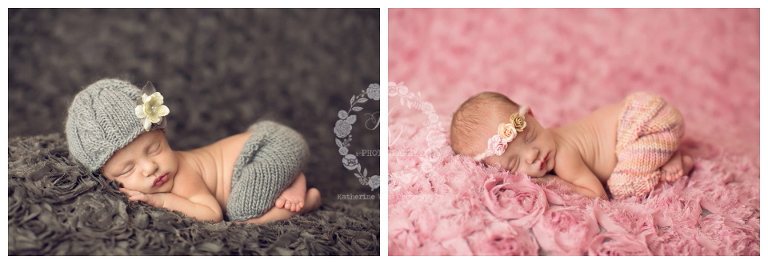 newborn twin girls in tushie up pose