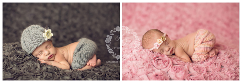 newborn twin girls in tushie up pose