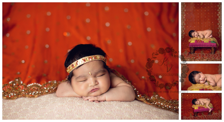 newborn girl with Mother's Indian wedding dress