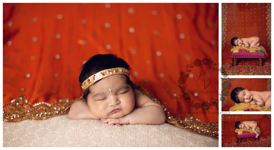newborn girl with Mother's Indian wedding dress