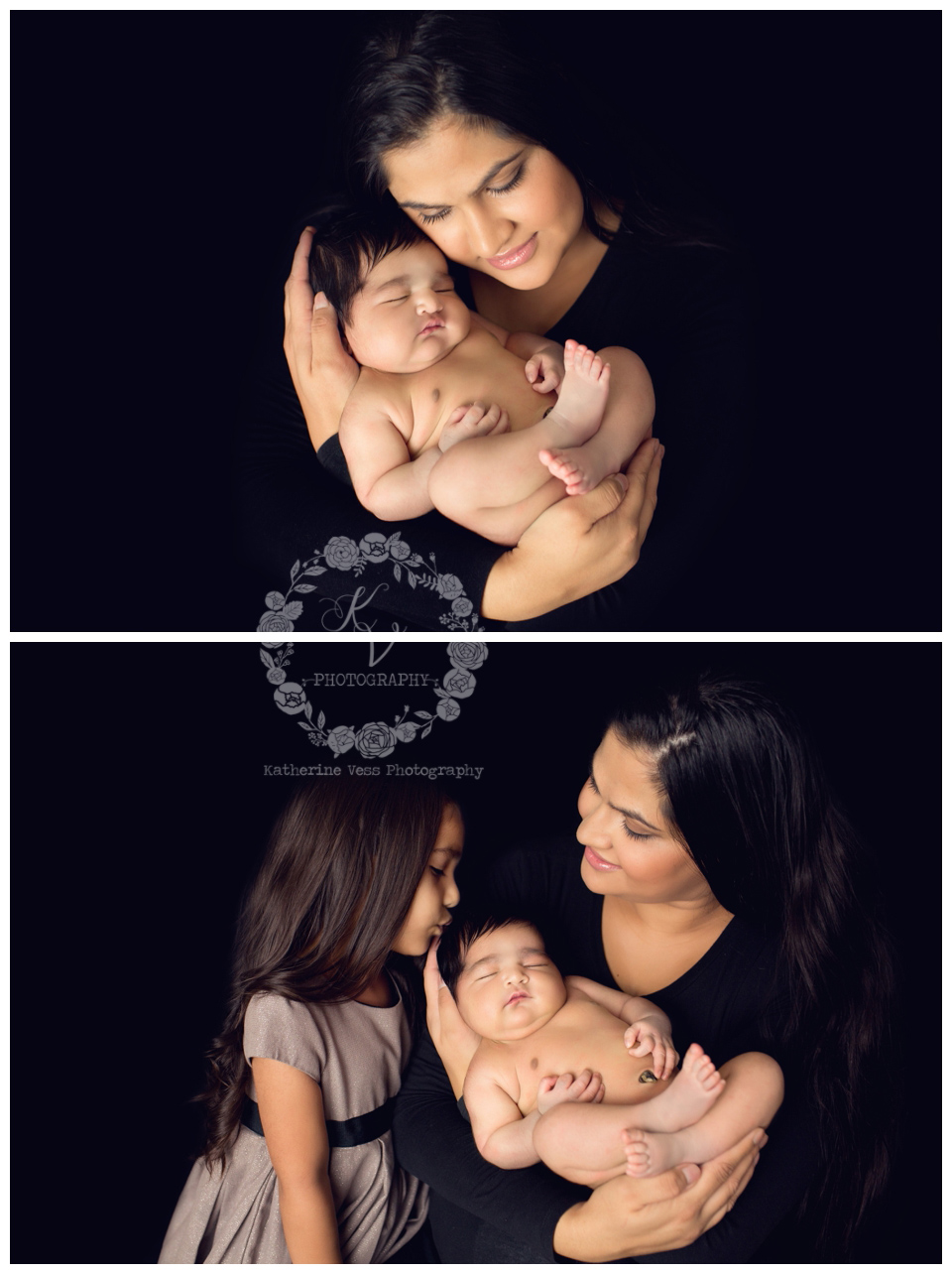 posing newborn with mom and sister