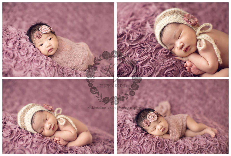 newborn girl on soft rose fabric