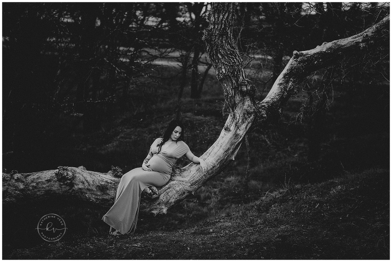 black and white dramatic maternity tree pose
