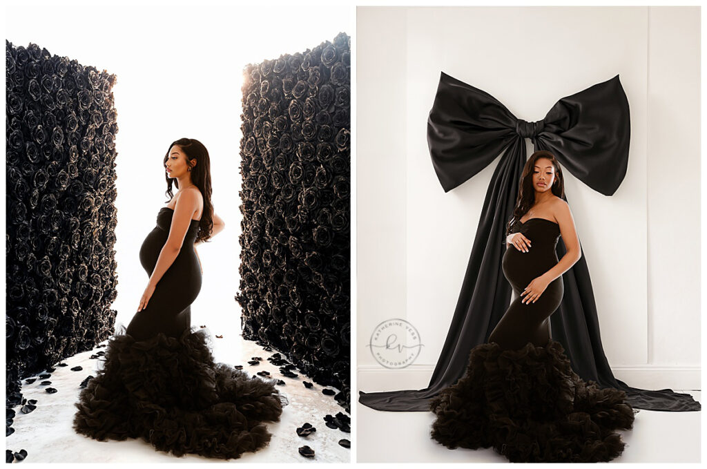white and black floral and bow maternity images