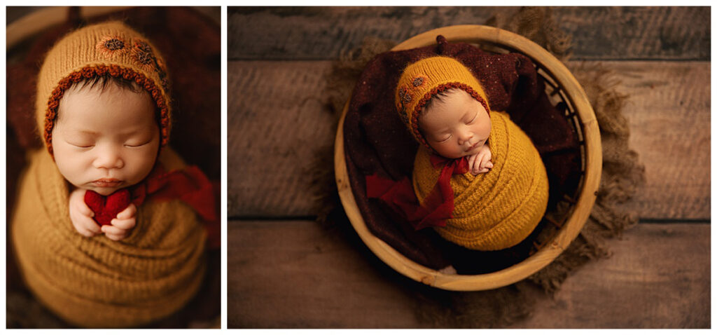 baby girl wrapped in mustard in bowl prop